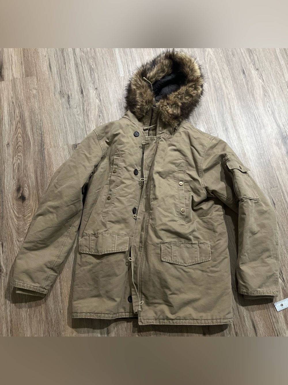GAP Men's Hooded Military Field Jacket in Tan with Faux Fur Trim